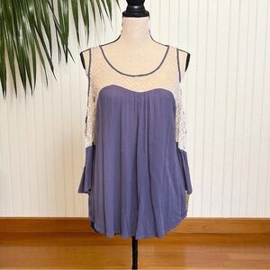 Umgee USA Cold Shoulder Boho Blouse with Crochet Lace - Size L